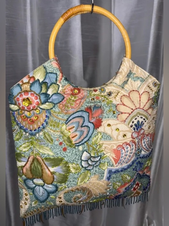 American Vintage Handbags - READ! Vintage Indie Renaissance Handmade Bead Sequin Fringe Top-Handle Tote Bag